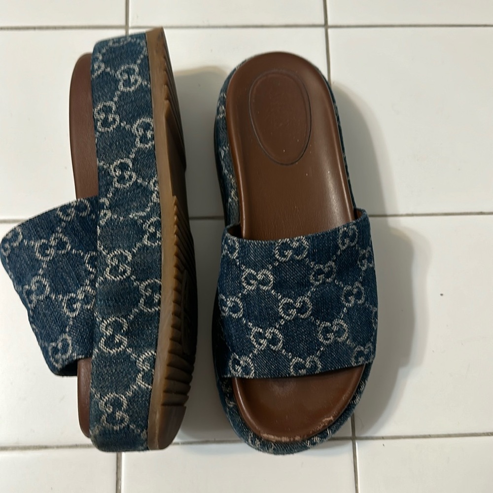 Gucci Blue Monogram Slide Sandals